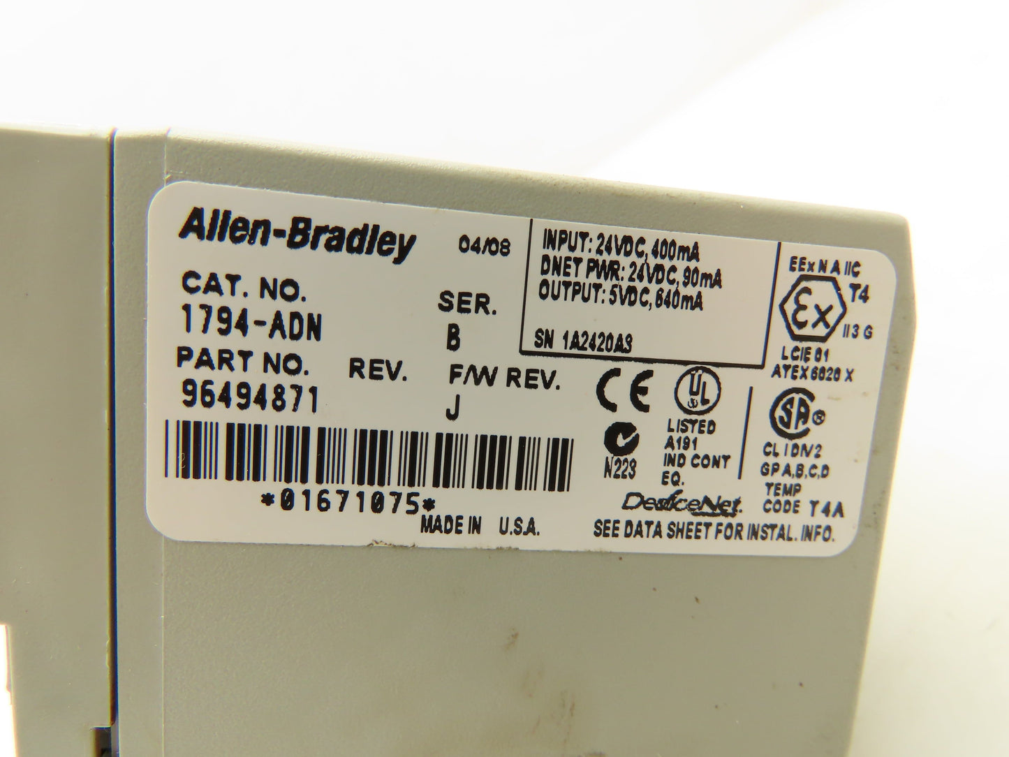 Allen Bradley 1794-IB16 DeviceNet Adapter Module PLC Input Output Power Supply