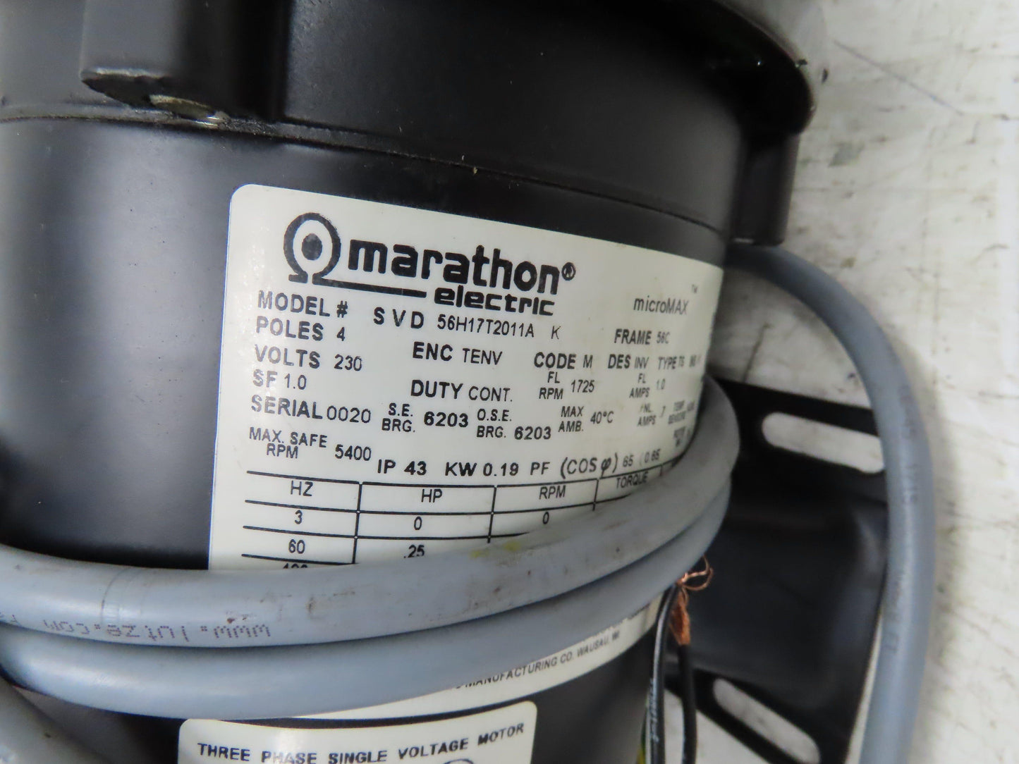 Marathon MicroMax Gearmotor 60:1 Reducer .25Hp 230V 3PH 29 RPM Hollow Shaft 56C
