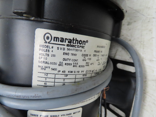 Marathon MicroMax Gearmotor 60:1 Reducer .25Hp 230V 3PH 29 RPM Hollow Shaft 56C