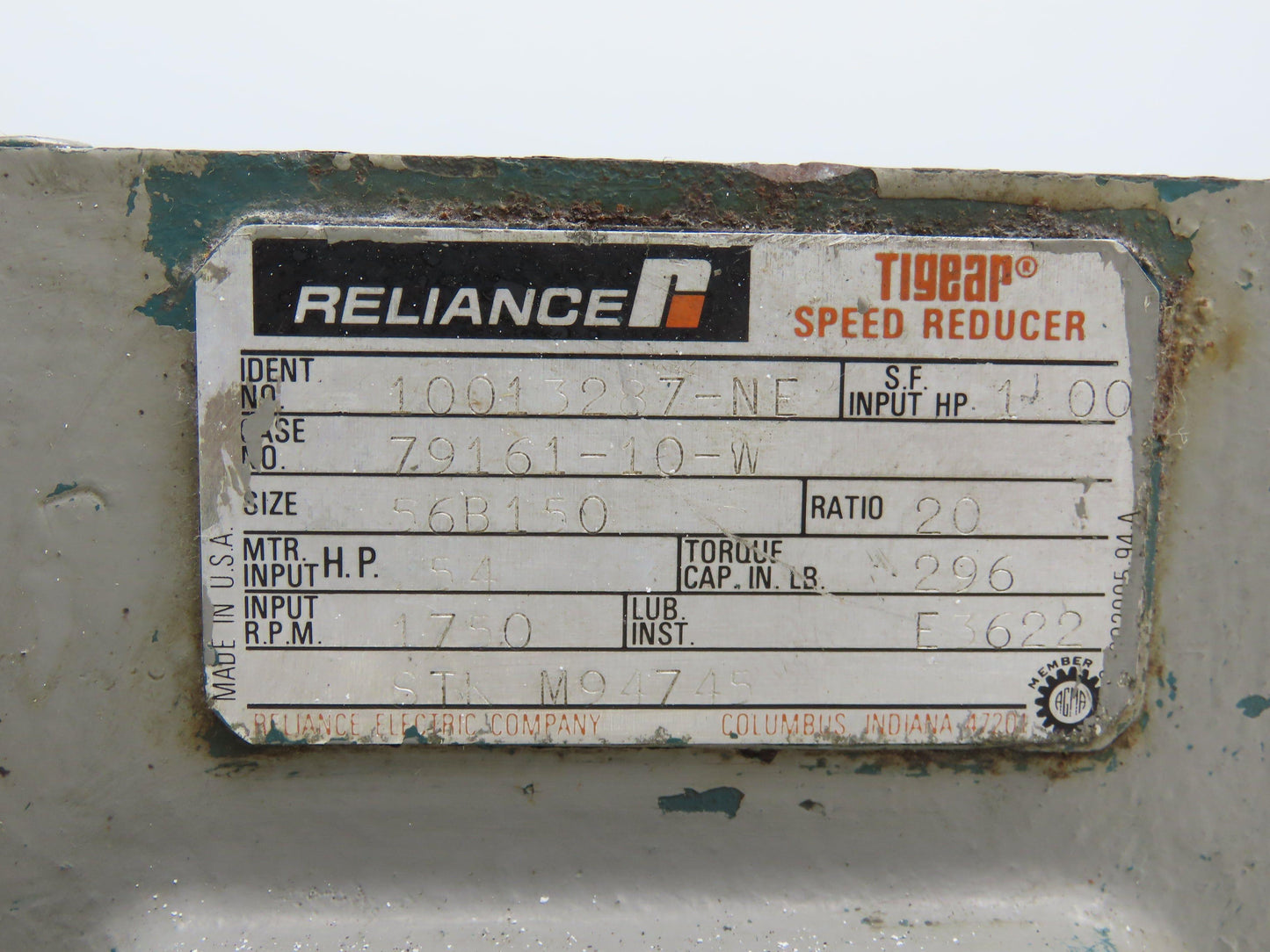 Reliance 79161-10-W Tigear Speed Reducer Gearbox 20:1 Ratio 296In-Lb 87.5RPM