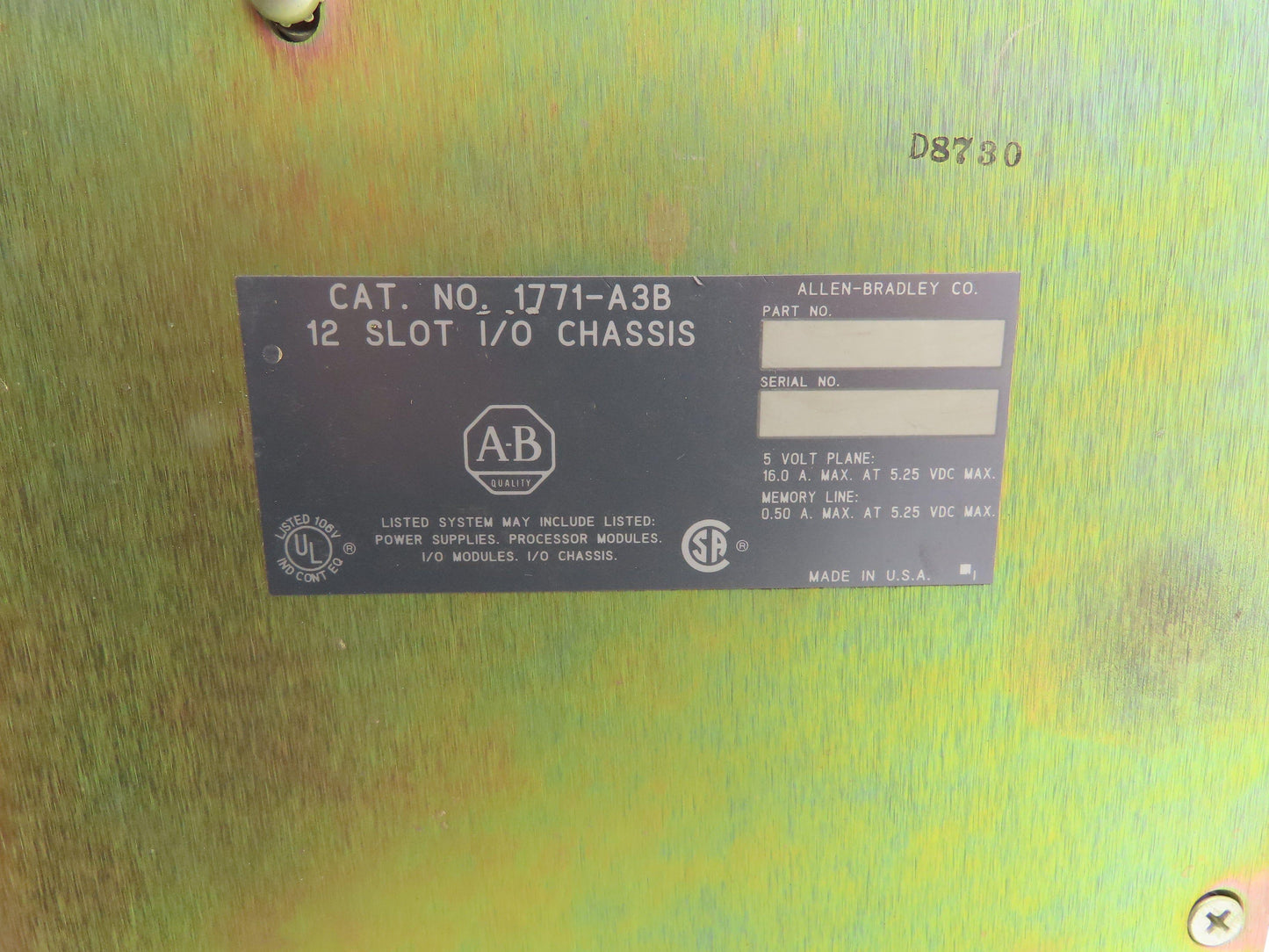Allen Bradley 1771-A3B I/O PLC Chassis 12 Slot w/ 1772-LXP Power Supply