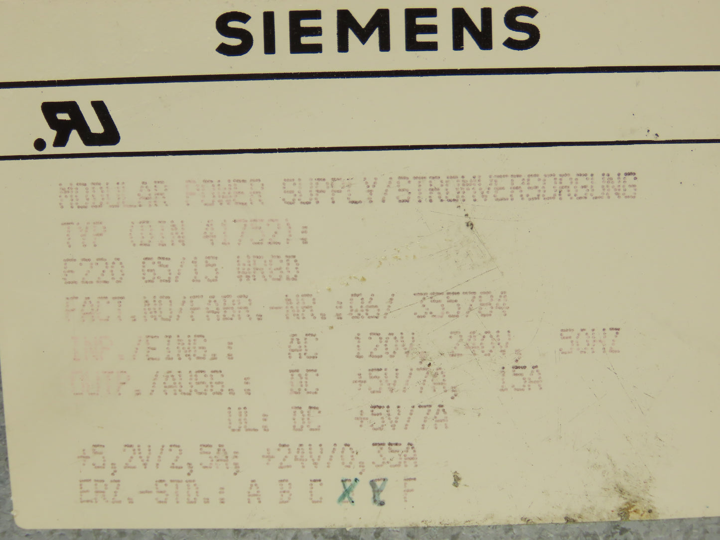 Siemens 6ES5 951-7LD12 Simatic PLC Power Supply Module 115/230V 24V