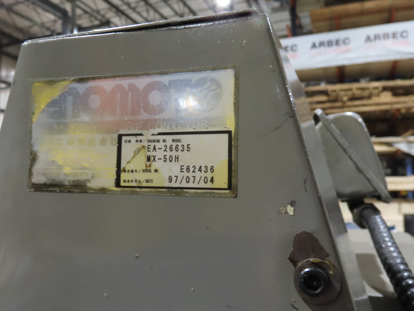 Enomoto Hinge Belt CNC Chip Conveyor 15"x 62" Infeed 40" Discharge 220V 3PH
