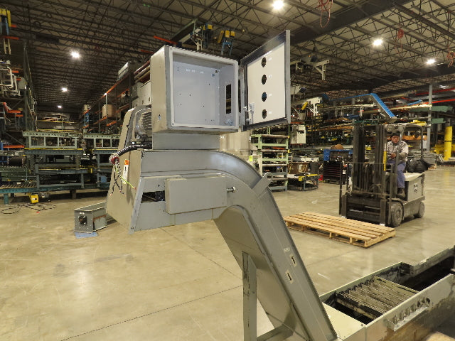 Enomoto Hinge Belt CNC Chip Conveyor 16"x 88" Infeed 46" Discharge 220V 3PH