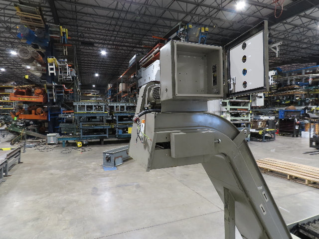 Enomoto Hinge Belt CNC Chip Conveyor 16"x 88" Infeed 46" Discharge 220V 3PH