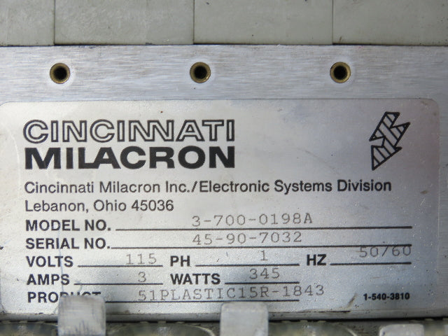 Cincinnati Milacron 3-700-0198A PLC Chassis Slot Rack Power Supply 115V 3A 1PH