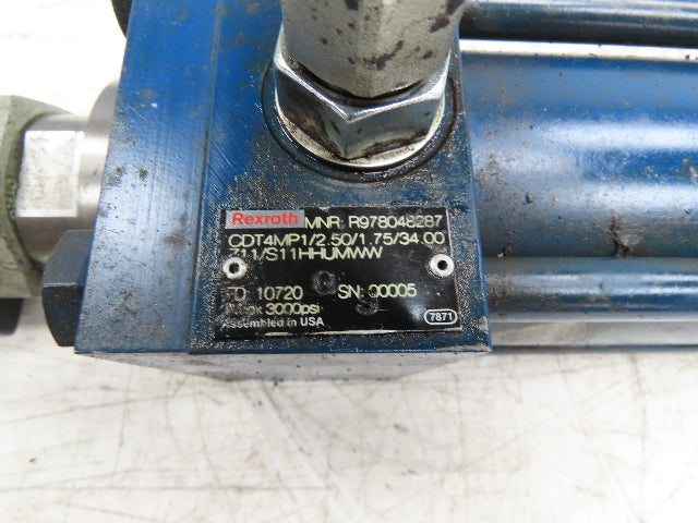 Rexroth CDT4MP1 Hydraulic Cylinder 2.5" Bore 34" Stroke 3000psi Clevis Mount