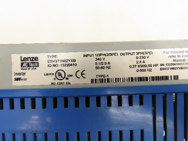 Lenze ESV371N02YXB SMVector AC Drive Variable VFD Inverter .5Hp 230V 1PH / 3PH