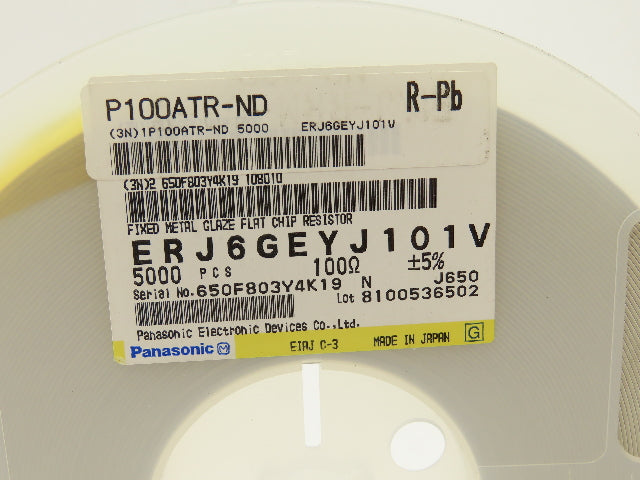 Panasonic ERJ6GEYJ101V Fixed Metal Glaze Flat Chip Resistor 100 Ohms 5000 Pcs