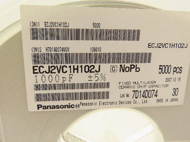 Panasonic ECJ2VC1H102J Ceramic Capacitors 1000 Pf ±5% 50V 5000 Pcs