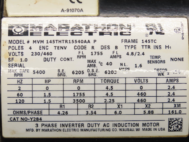 Marathon Electric 145THTR15540AA Motor 1.5HP 460V 3500RPM Dynapar Encoder Y284