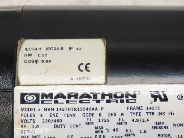 Marathon Electric 145THTR15540AA Motor 1.5HP 460V 3500RPM Dynapar Encoder Y284