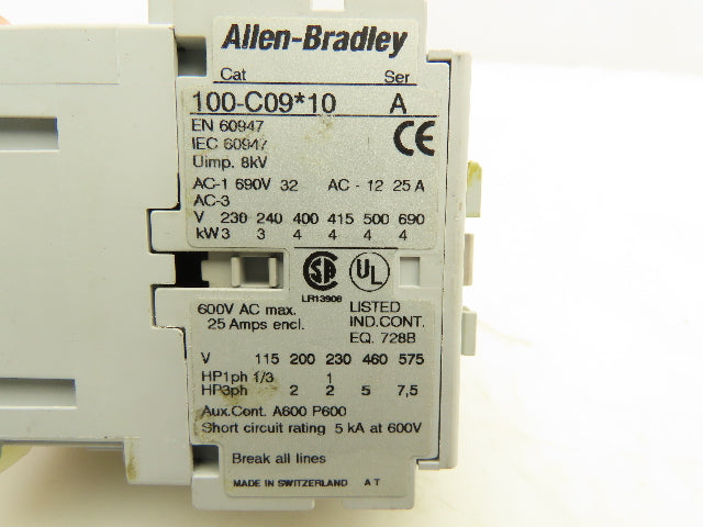 Allen-Bradley 100-C09*10 Contactor 600VAC 25A 24V Coil Series A Lot Of 2