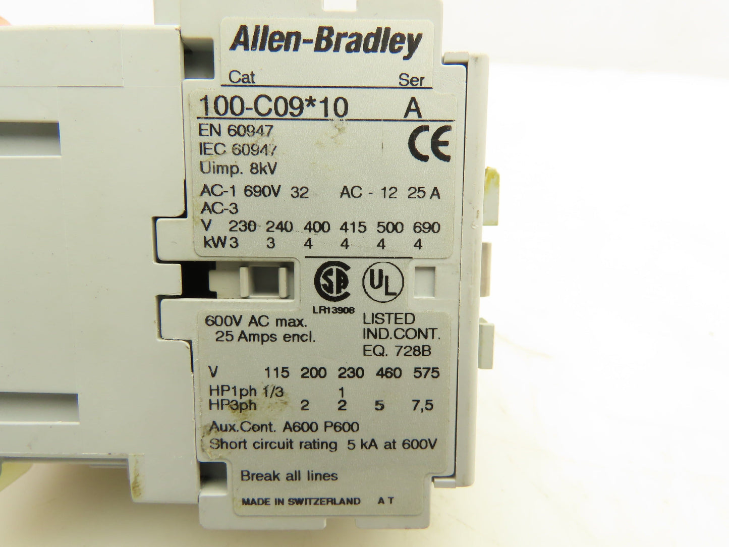 Allen-Bradley 100-C09*10 Contactor 600VAC 25A 24V Coil Series A Lot Of 2