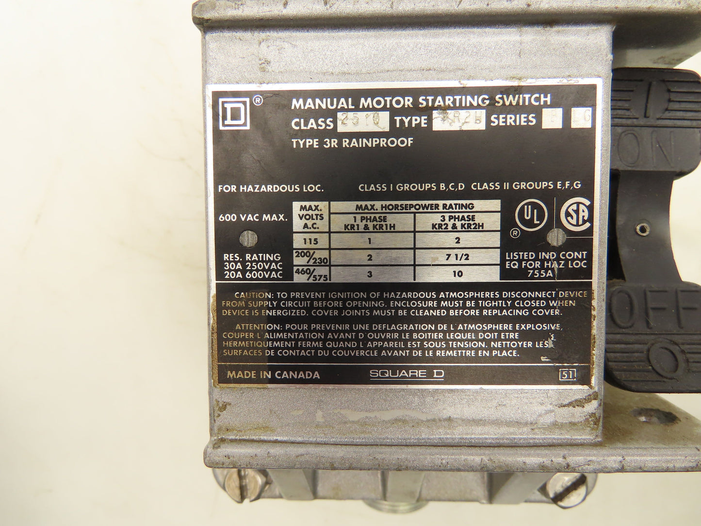 Square D 2510-KR2H Manual Motor Starting Switch 600V 30A 3PH Series B Rainproof