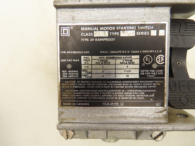 Square D 2510-KR2H Manual Motor Starting Switch 600V 30A 3PH Series B Rainproof