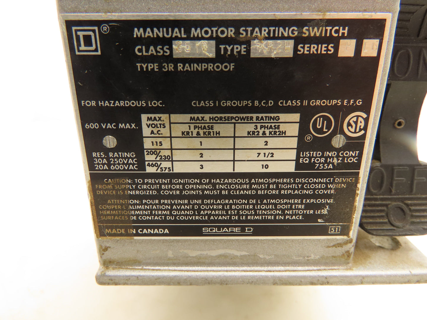 Square D 2510-KR2H Manual Motor Starting Switch 600V 30A 3PH Series B Rainproof