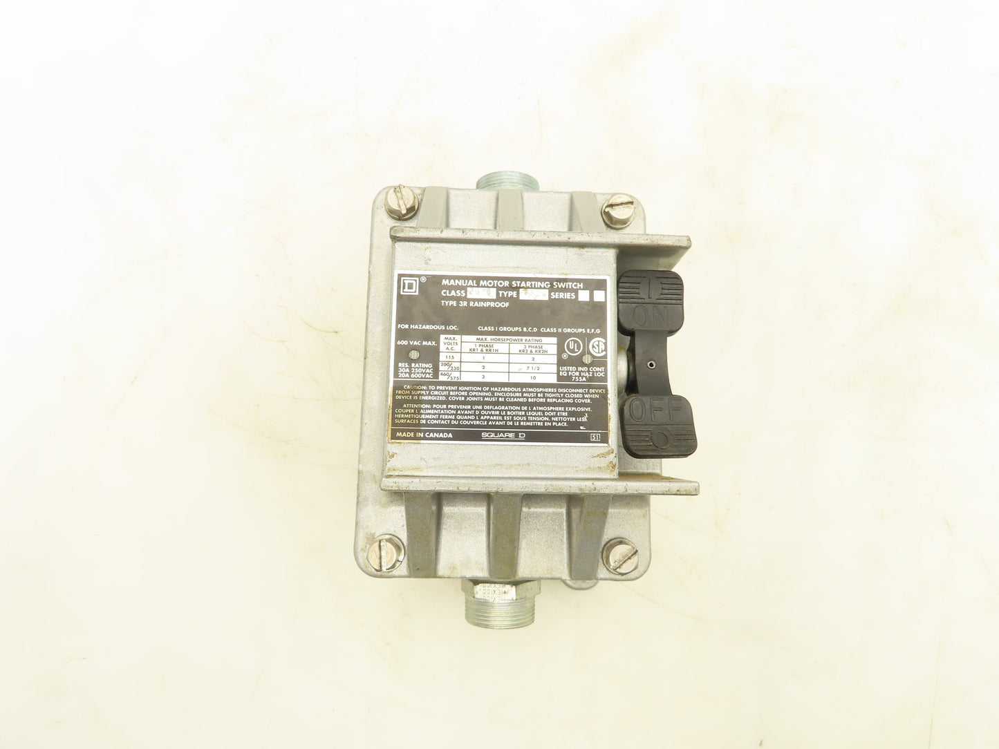 Square D 2510-KR2H Manual Motor Starting Switch 600V 30A 3PH Series B Rainproof