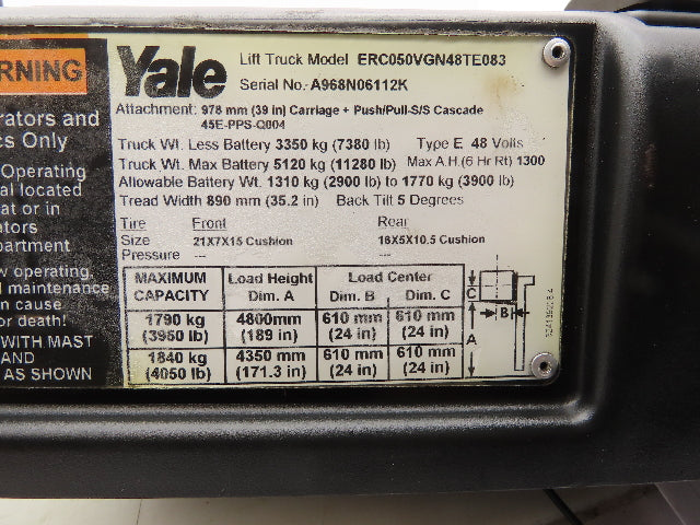 Yale ERC045-070VG Electric Forklift ERC050VGN48TE083 Operating Manual