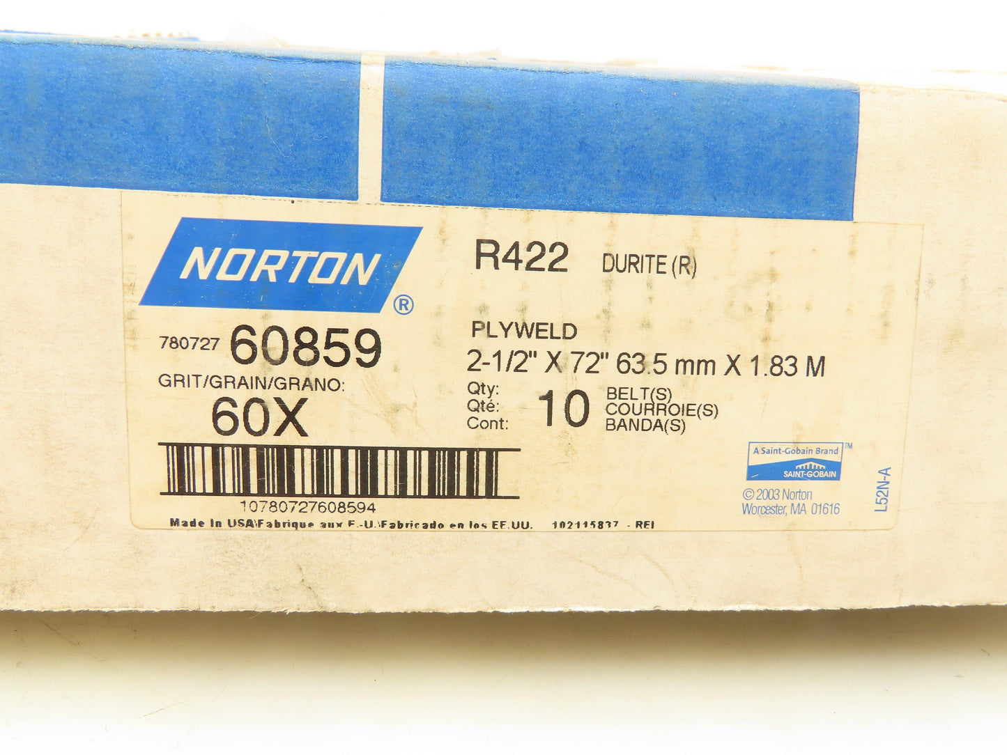Norton R422 Durite Abrasive Belts 2-1/2"x72" Plyweld 60 Grit Box Of 10