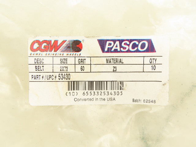 CGW/ Pasco C53430 Sanding Belt 2"x72" Z3 60 Grit Lot OF 10