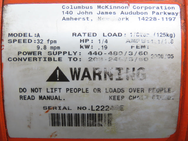 CM Lodestar A Electric Chain Hoist 1/8 Ton 250 LB 32 FPM 9' Lift 7' Control 3PH
