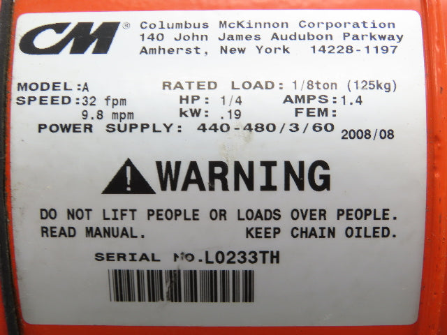 CM Lodestar Electric Chain Hoist 1/8 Ton 32 FPM Variable Speed 9' Lift 460V