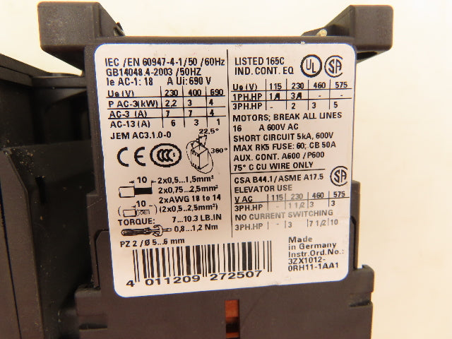 Siemens 3RT1015-1AF01 Contactor 110VAC 7A 3 Pole 1NO With Relay 1.8-2.5A 600V