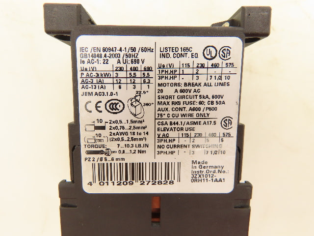 Siemens 3RT1017-1AF01 Contactor 110V 12A 3 Pole 10HP Max
