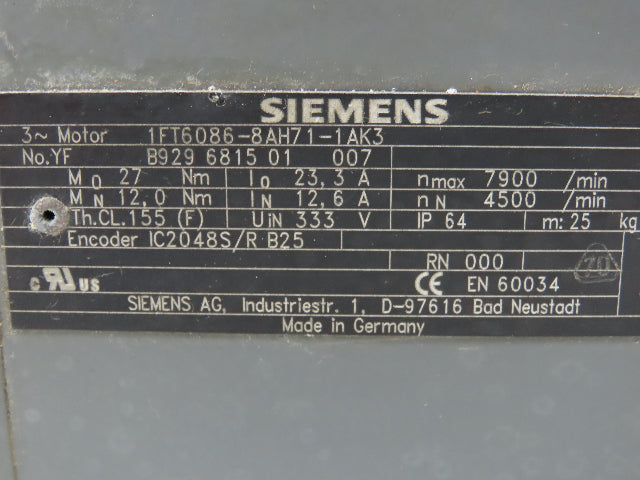 Siemens 1FT6086-8AH71-1AK3 Servo Motor 333V 7900 RPM 3PH Encoder IC2048S/R B25