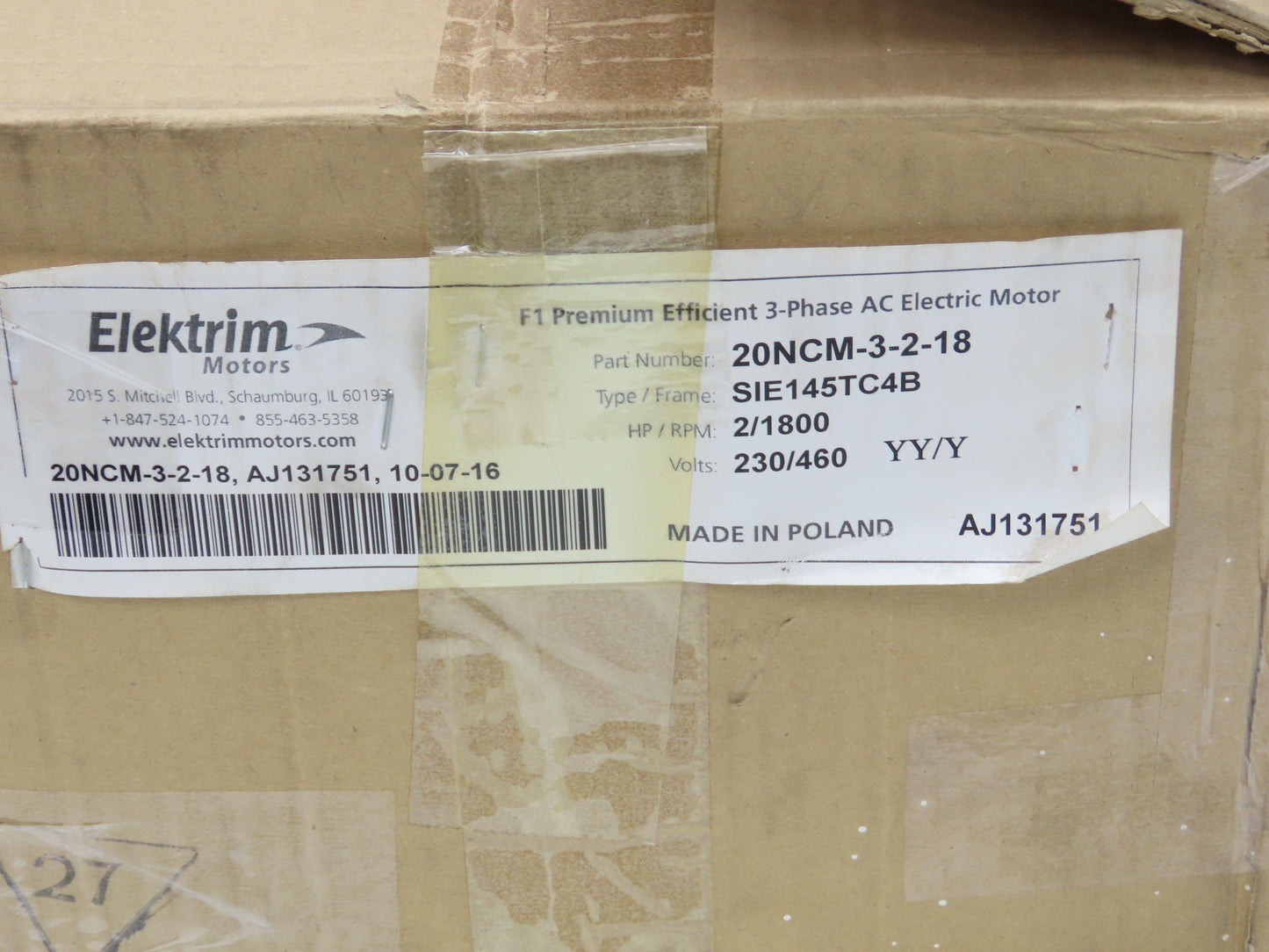 Elektrim 20NCM-3-2-18 Inverter Duty AC Motor 2Hp 1745rpm 230/460V 3PH 145TC TEFC