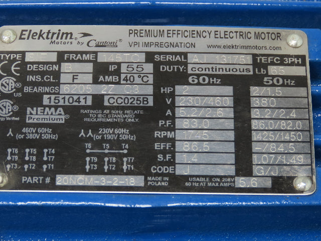 Elektrim 20NCM-3-2-18 Inverter Duty AC Motor 2Hp 1745rpm 230/460V 3PH 145TC TEFC