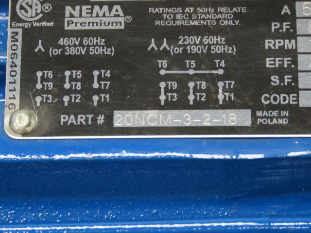Elektrim 20NCM-3-2-18 Inverter Duty AC Motor 2Hp 1745rpm 230/460V 3PH 145TC TEFC