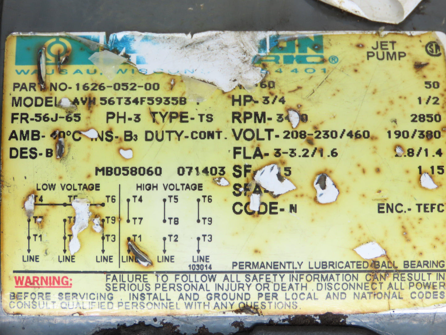 AMT 285P-95 Cast Iron Centrifugal Pump 1.25" NPT 65gpm 3/4Hp 230/460V 3PH