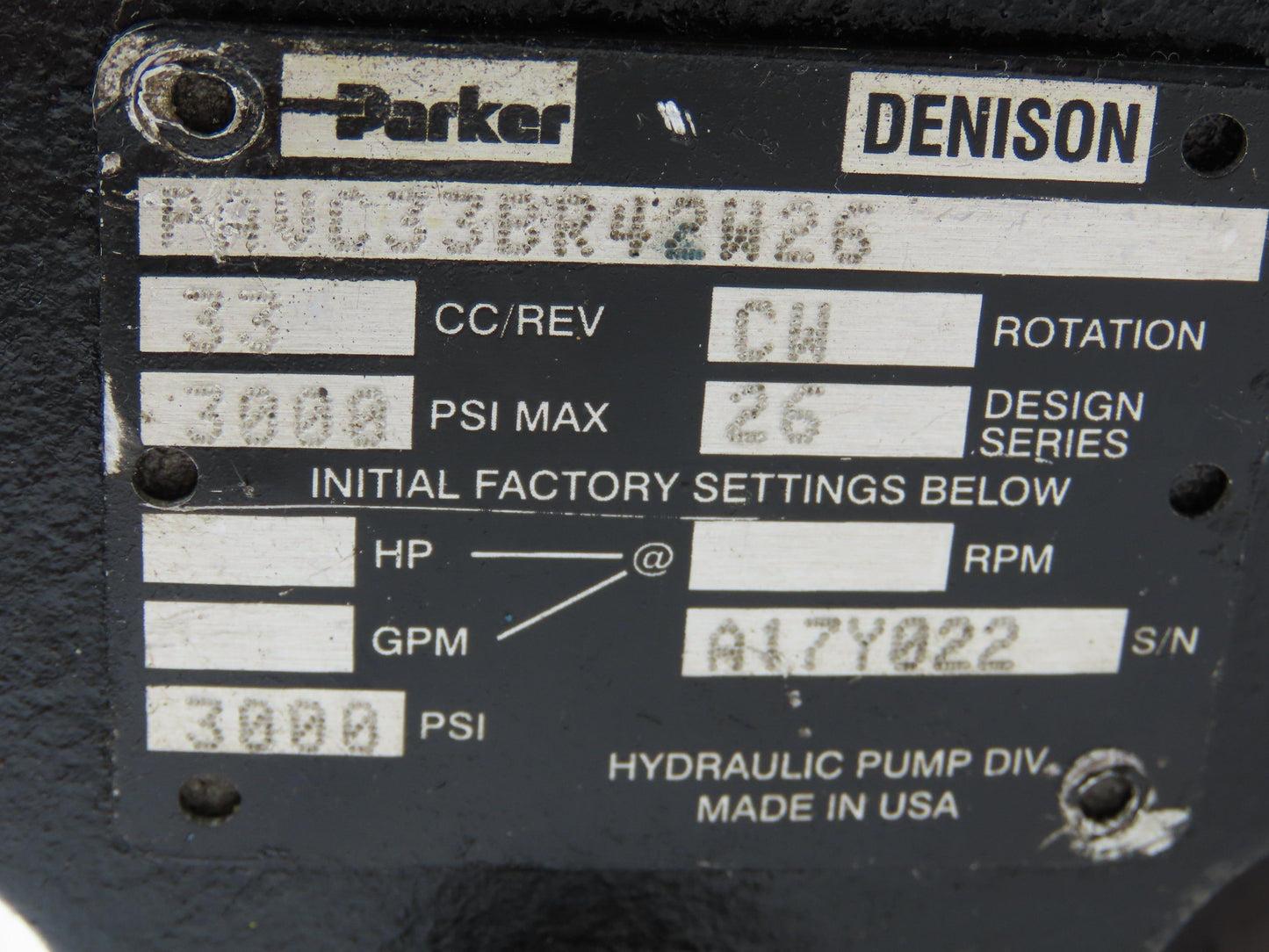 Parker PAVC33BR42W26 Hydraulic Variable Piston Pump 15gpm 3000psi