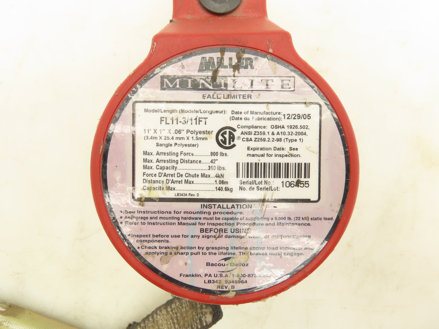 Miller FL11-3/11FT MiniLite Fall Limiter 11' Lanyard w/Swivel Shackle