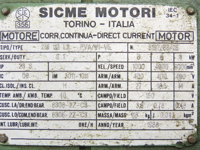 Sicme Motori L2-PVA/V1-V5 Electric DC Motor 8kW 6000 RPM 400V 27A