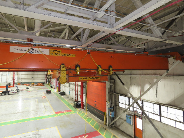 Cleveland Tramrail P&H 15 Ton Double Girder Underhung Bridge Crane 44' 6" Span