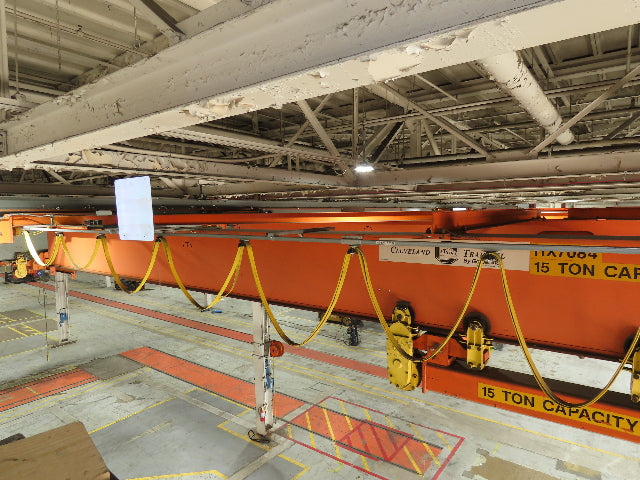 Cleveland Tramrail P&H 15 Ton Double Girder Underhung Bridge Crane 44' 6" Span