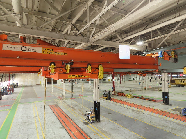 Cleveland Tramrail P&H 15 Ton Double Girder Underhung Bridge Crane 44' 6" Span