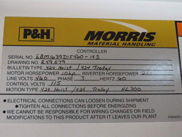 Cleveland Tramrail P&H 5 Ton Single Girder Underhung Bridge Crane 44' 6" Span
