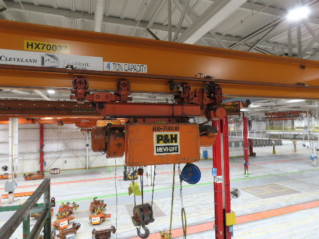 Cleveland Tramrail P&H 4 Ton Single Girder Underhung Bridge Crane 45' 10" Span