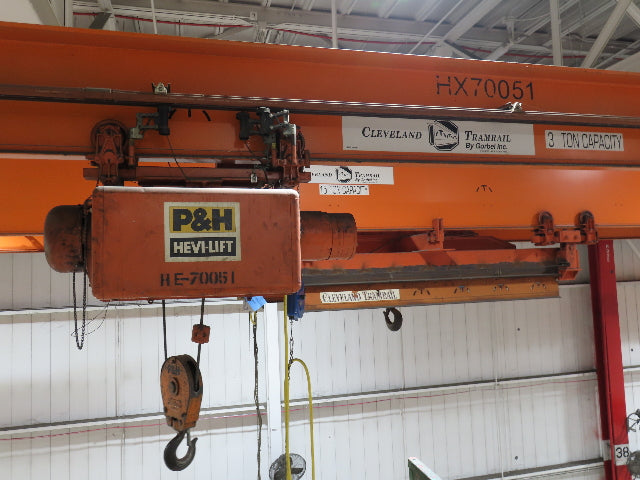 Cleveland Tramrail P&H 3 Ton Single Girder Underhung Bridge Crane 45' 10" Span