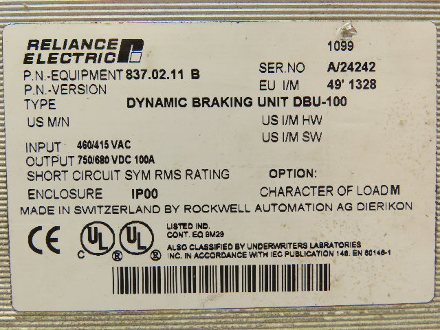 Reliance Electric 837.02.11B DBU-100 Dynamic Braking Unit 415/480V