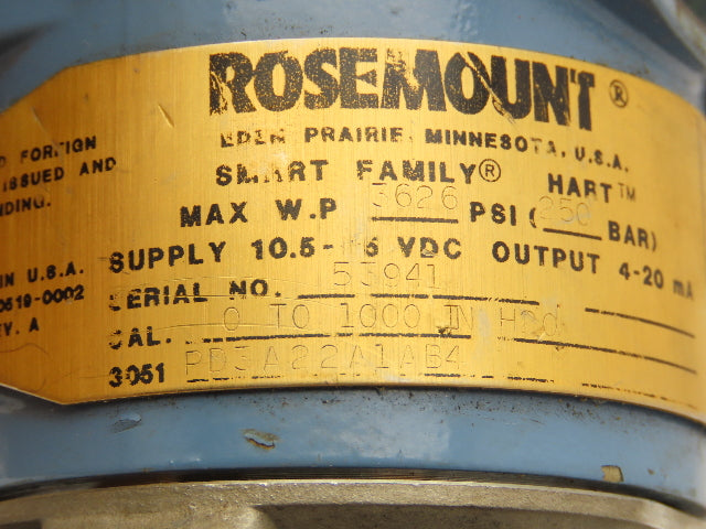 Rosemount 3051 Pressure Sensor Transmitter 0-1000" H20 3626PSI