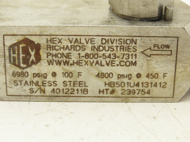 Hex Valve HB501U4131412 Block Bleed Needle Valve 6980PSIG Stainless Steel