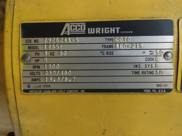 Cleveland Tramrail 3 Ton Underhung Bridge Crane 45' 10" Span Acco Wright Hoist