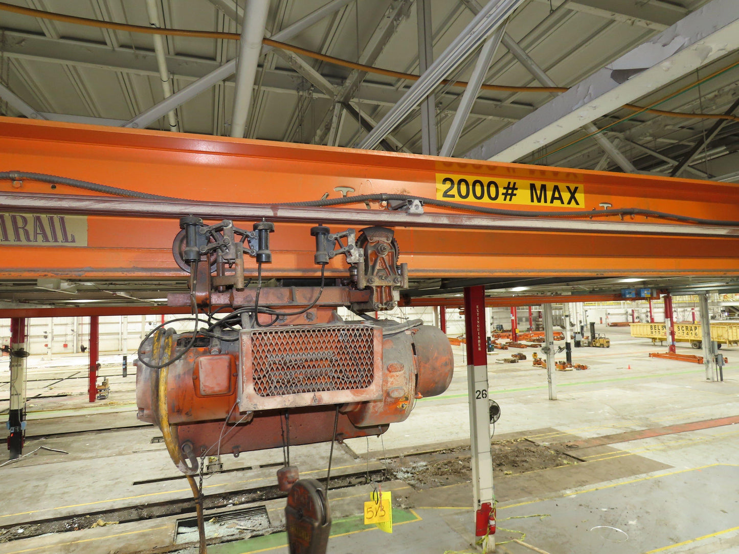 Cleveland Tramrail P&H 1 Ton Single Girder Underhung Bridge Crane 45' 10" Span