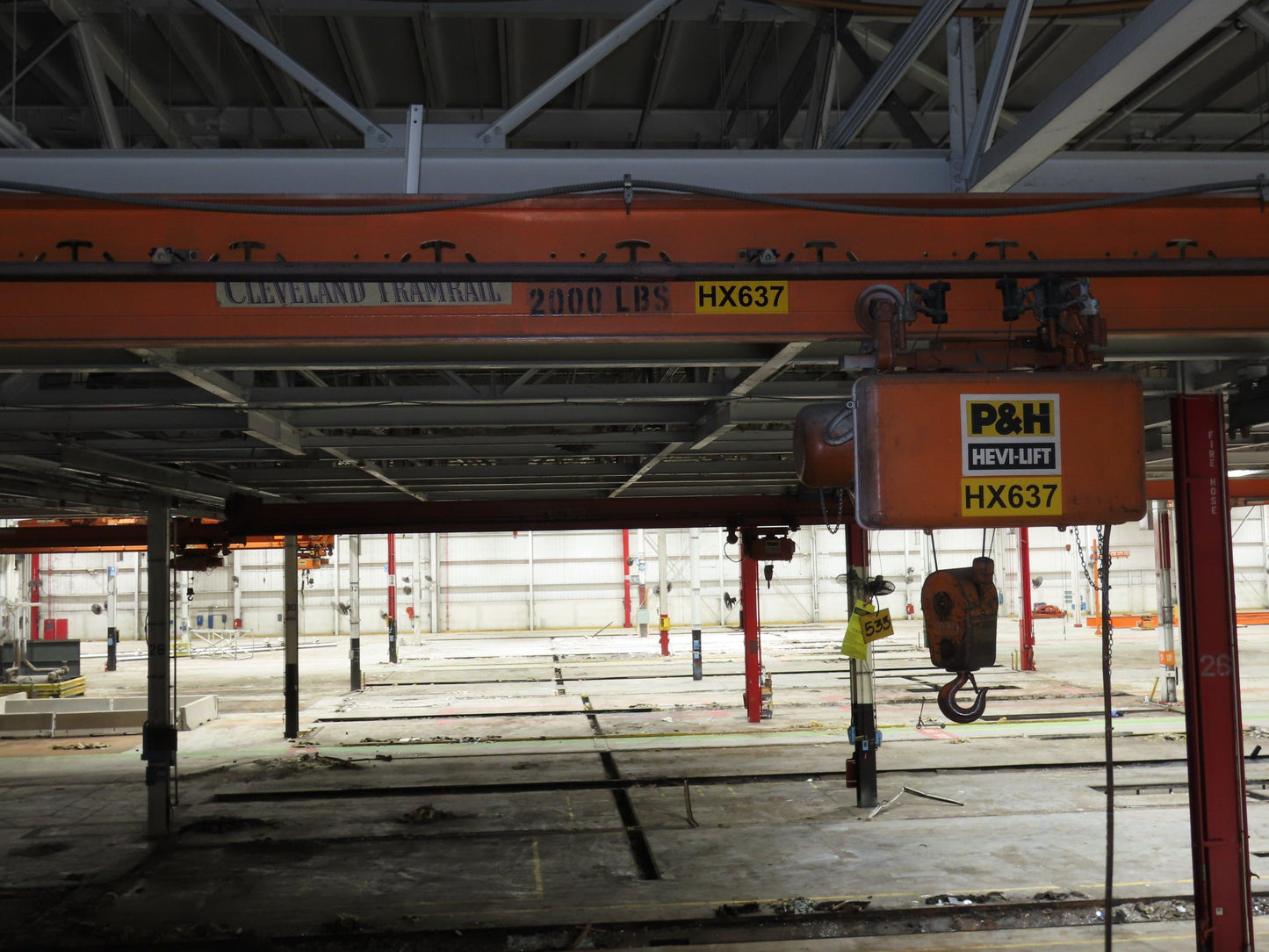 Cleveland Tramrail P&H 1 Ton Single Girder Underhung Bridge Crane 45' 10" Span