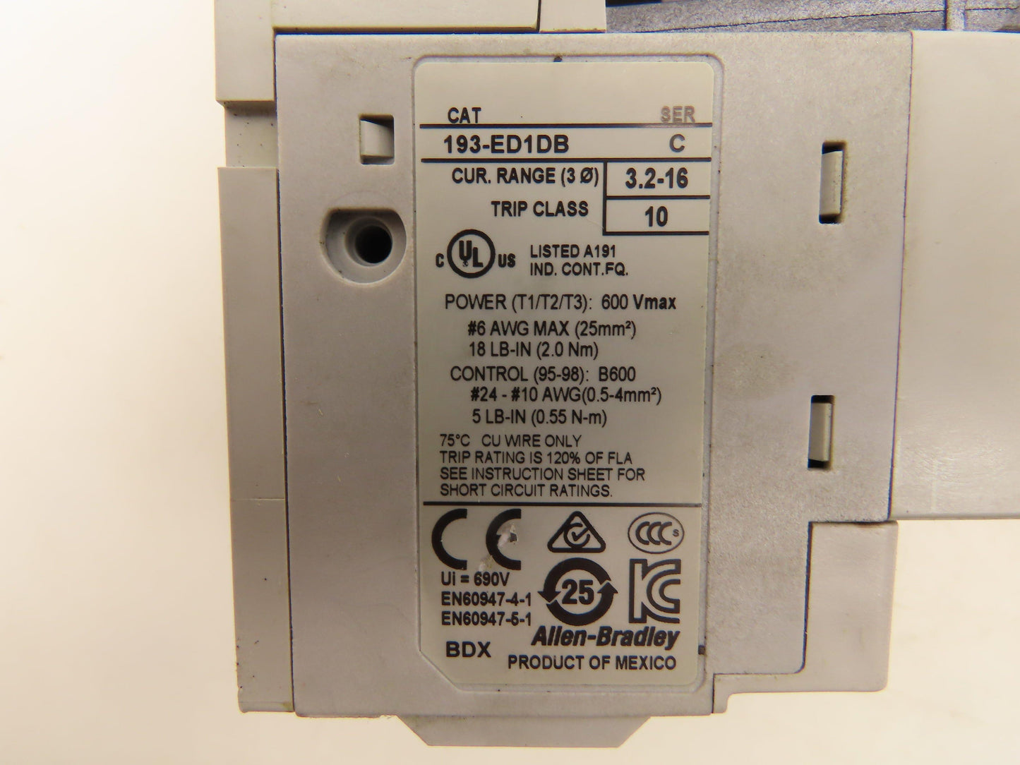 Allen Bradley 193-ED1DB Motor Starter Contactor Overload Relay 3.2-16A 120V Coil